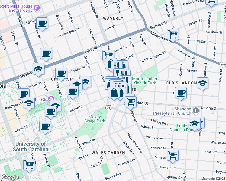 map of restaurants, bars, coffee shops, grocery stores, and more near 2003 Greene Street in Columbia