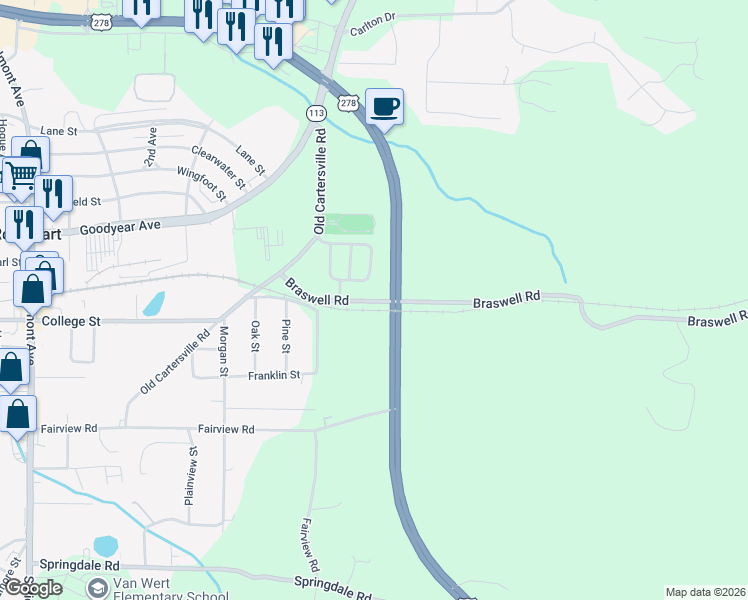 map of restaurants, bars, coffee shops, grocery stores, and more near 75 Braswell Road in Rockmart