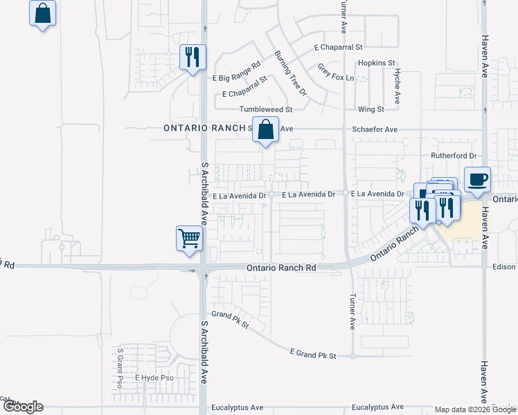 map of restaurants, bars, coffee shops, grocery stores, and more near 4010 South Bowery Place in Ontario