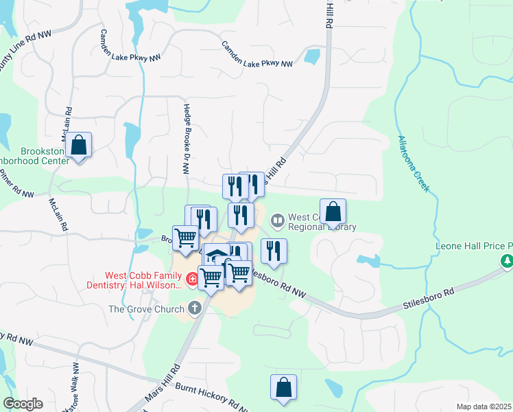 map of restaurants, bars, coffee shops, grocery stores, and more near 1862 Mars Hill Road in Acworth