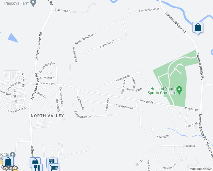 map of restaurants, bars, coffee shops, grocery stores, and more near 116 Vineyard Drive in Athens