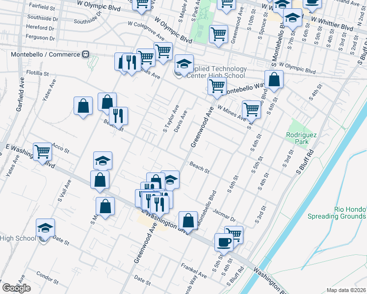 map of restaurants, bars, coffee shops, grocery stores, and more near 740 Carmelita Place in Montebello