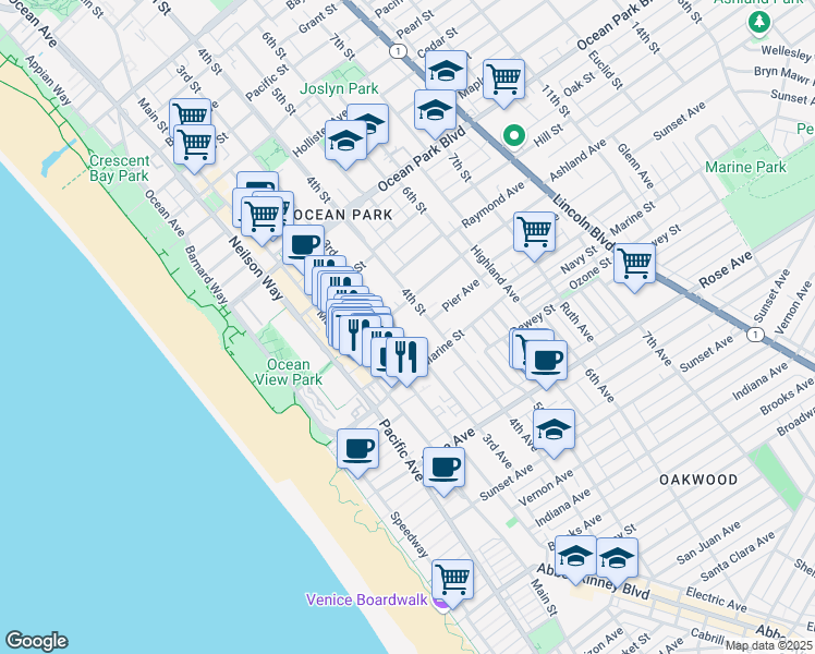 map of restaurants, bars, coffee shops, grocery stores, and more near 2913 3rd Street in Santa Monica