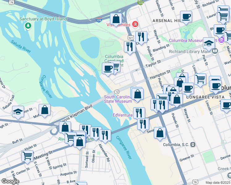 map of restaurants, bars, coffee shops, grocery stores, and more near Klapman Boulevard in Columbia