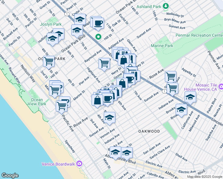 map of restaurants, bars, coffee shops, grocery stores, and more near 214 6th Avenue in Los Angeles