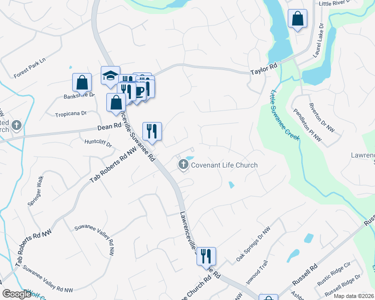 map of restaurants, bars, coffee shops, grocery stores, and more near Woodland Park Terrace in Lawrenceville