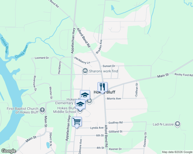 map of restaurants, bars, coffee shops, grocery stores, and more near 5465 Johnson Street in Gadsden