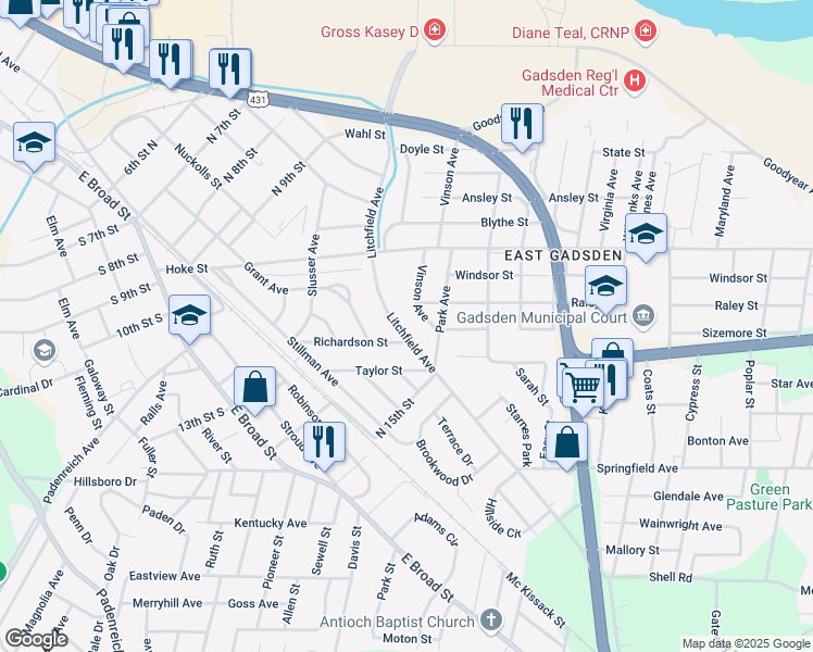 map of restaurants, bars, coffee shops, grocery stores, and more near 1309 Vinson Avenue in Gadsden