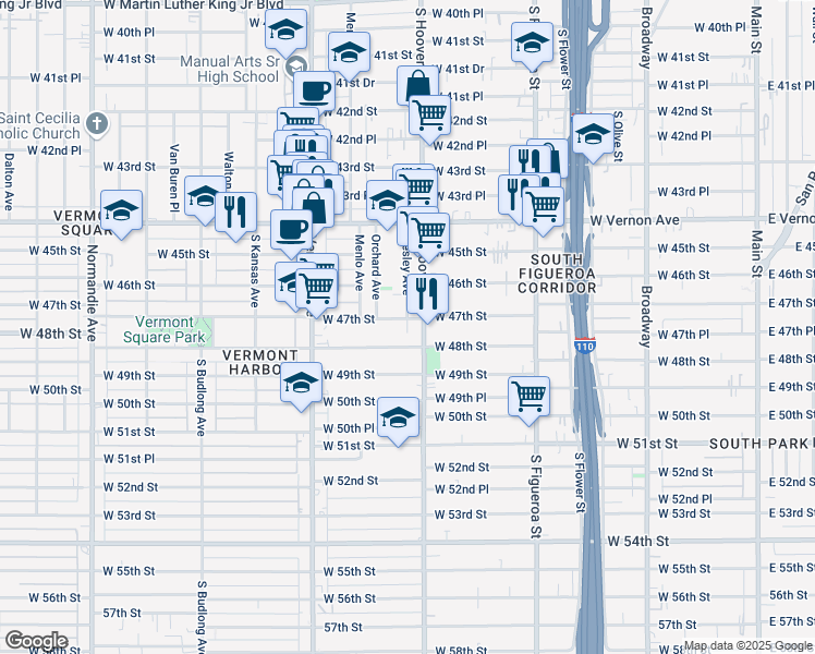 map of restaurants, bars, coffee shops, grocery stores, and more near 816 West 47th Street in Los Angeles