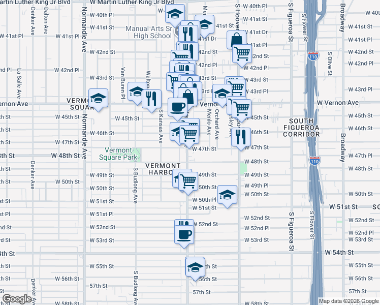 map of restaurants, bars, coffee shops, grocery stores, and more near 4706 South Vermont Avenue in Los Angeles