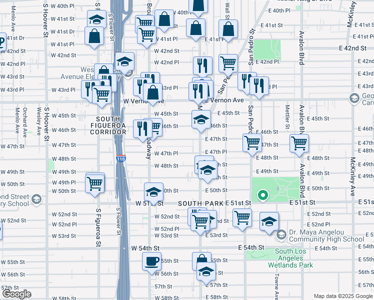 map of restaurants, bars, coffee shops, grocery stores, and more near 129 West 47th Place in Los Angeles