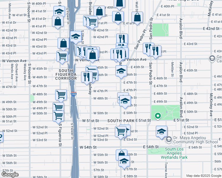 map of restaurants, bars, coffee shops, grocery stores, and more near 137 West 47th Place in Los Angeles