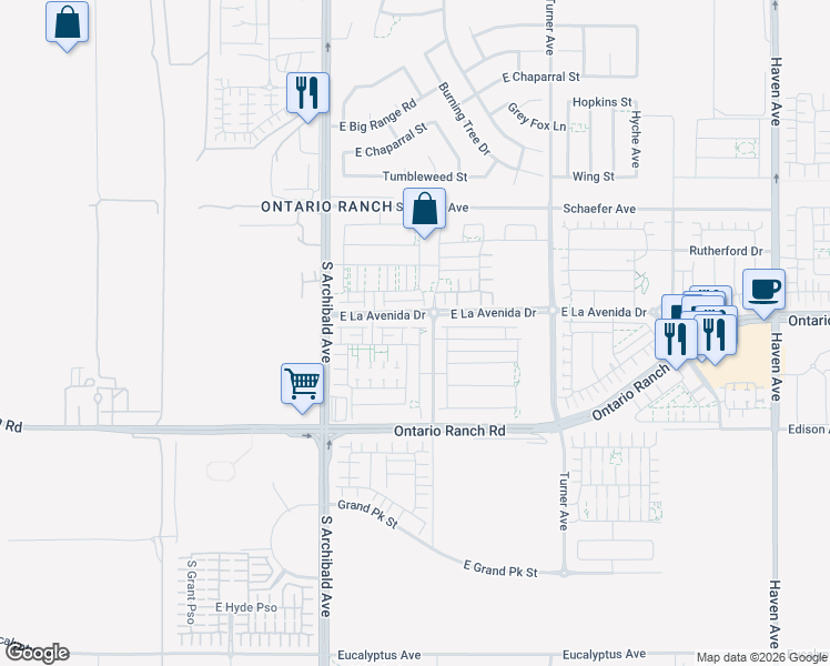 map of restaurants, bars, coffee shops, grocery stores, and more near 4010 South Bowery Place in Ontario