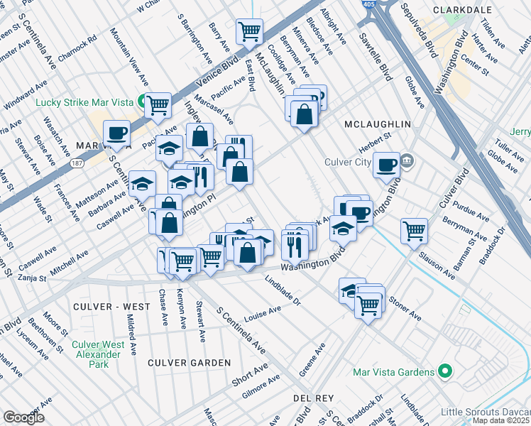 map of restaurants, bars, coffee shops, grocery stores, and more near 4106 Inglewood Boulevard in Los Angeles
