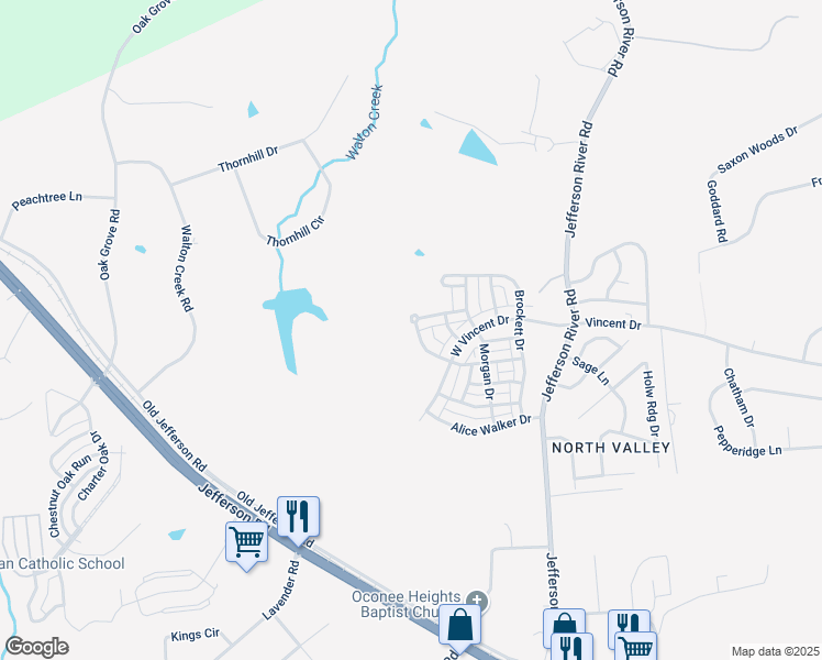 map of restaurants, bars, coffee shops, grocery stores, and more near 489 O'Conner Boulevard in Athens