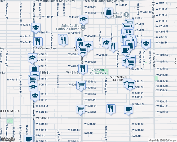 map of restaurants, bars, coffee shops, grocery stores, and more near 1326 West 47th Street in Los Angeles