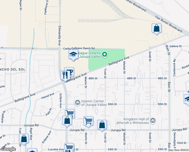 map of restaurants, bars, coffee shops, grocery stores, and more near 10732 Bellegrave Avenue in Jurupa Valley
