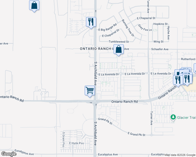 map of restaurants, bars, coffee shops, grocery stores, and more near 2747 East La Avenida Drive in Ontario