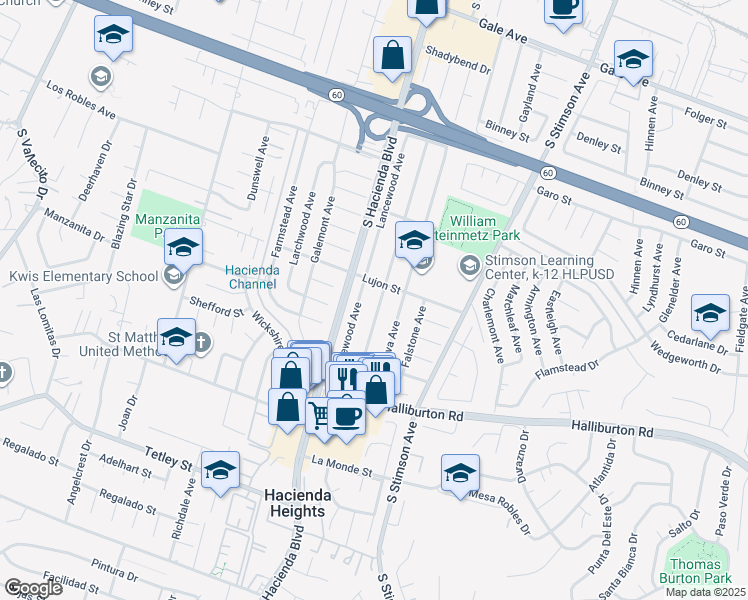 map of restaurants, bars, coffee shops, grocery stores, and more near 1721 Lancewood Avenue in Hacienda Heights