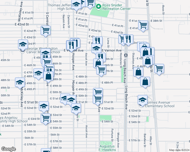 map of restaurants, bars, coffee shops, grocery stores, and more near 4725 Compton Avenue in Los Angeles