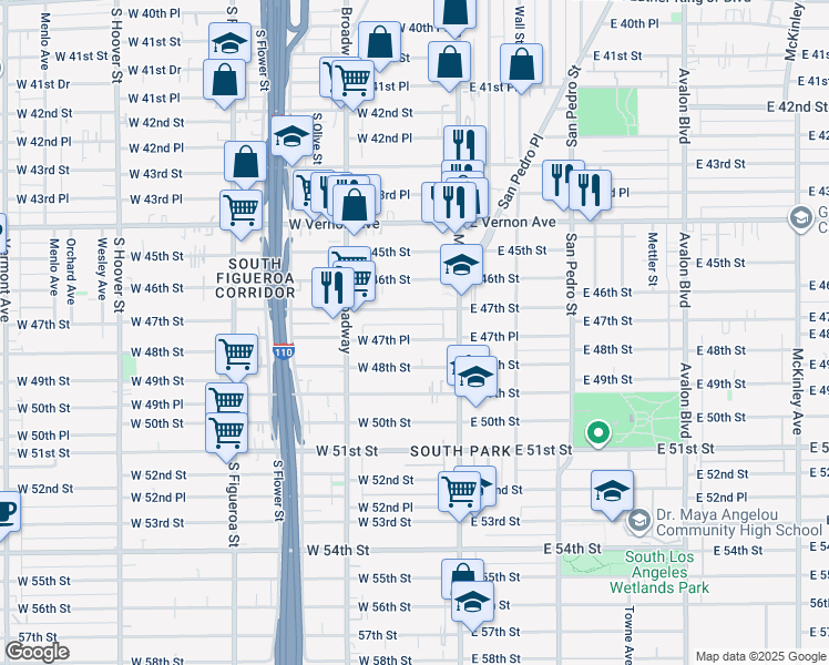 map of restaurants, bars, coffee shops, grocery stores, and more near 129 West 47th Place in Los Angeles