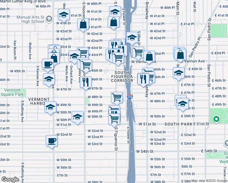 map of restaurants, bars, coffee shops, grocery stores, and more near 4720 South Figueroa Street in Los Angeles