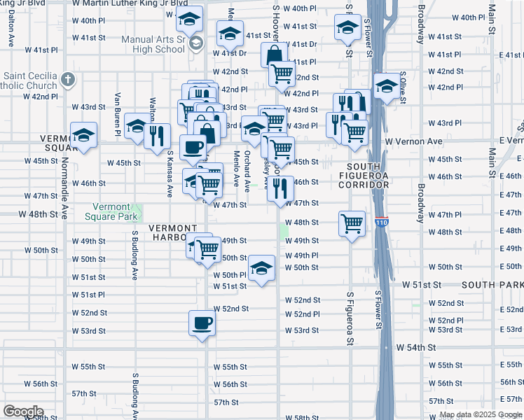 map of restaurants, bars, coffee shops, grocery stores, and more near 861 West 47th Street in Los Angeles