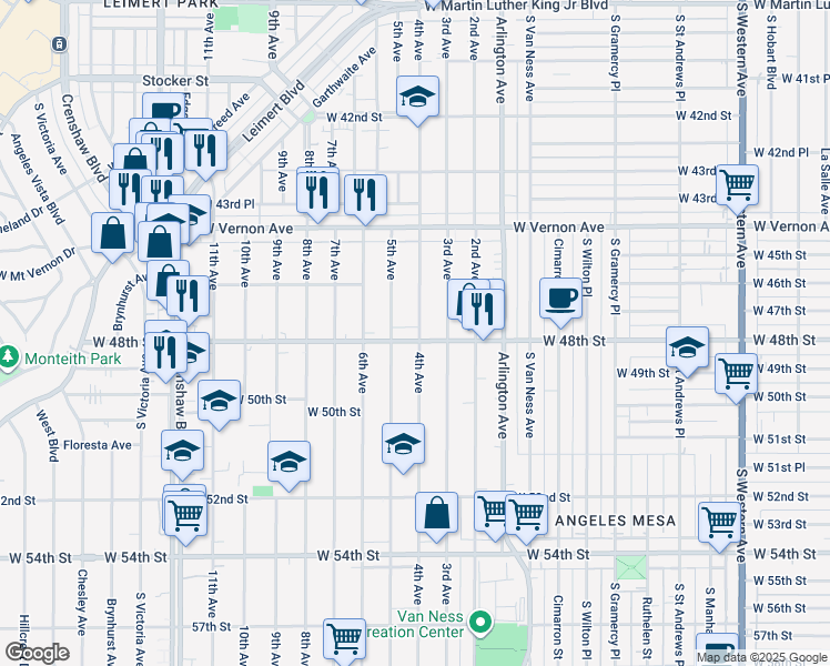 map of restaurants, bars, coffee shops, grocery stores, and more near 4711 4th Avenue in Los Angeles