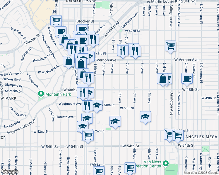 map of restaurants, bars, coffee shops, grocery stores, and more near 4719 9th Avenue in Los Angeles