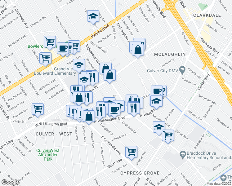 map of restaurants, bars, coffee shops, grocery stores, and more near 12012 Lamanda Street in Los Angeles