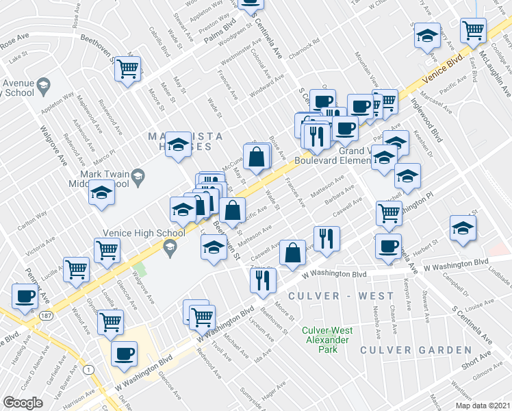 map of restaurants, bars, coffee shops, grocery stores, and more near 12732 Venice Boulevard in Los Angeles