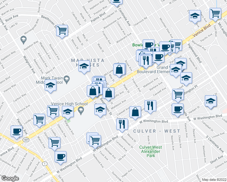map of restaurants, bars, coffee shops, grocery stores, and more near 12732 Venice Boulevard in Los Angeles