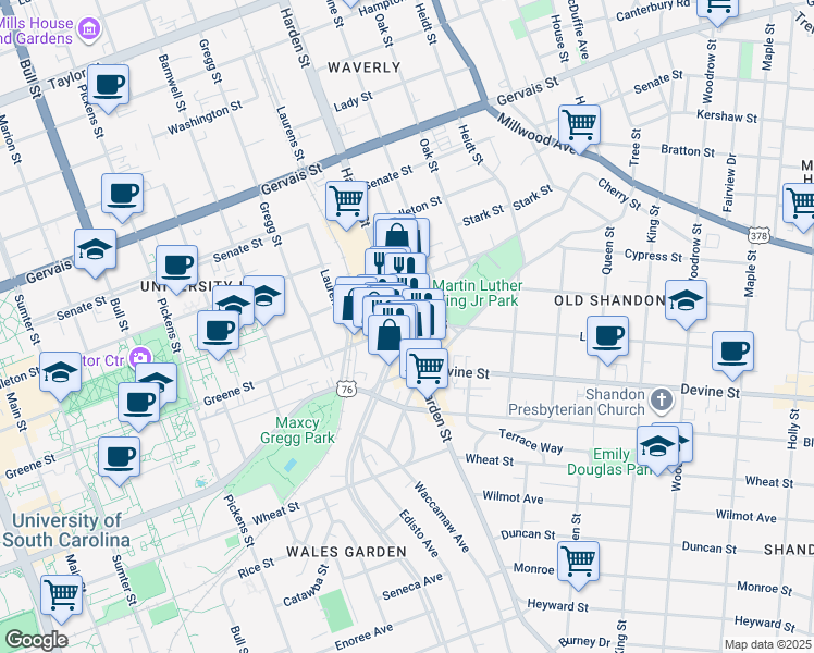 map of restaurants, bars, coffee shops, grocery stores, and more near in Columbia