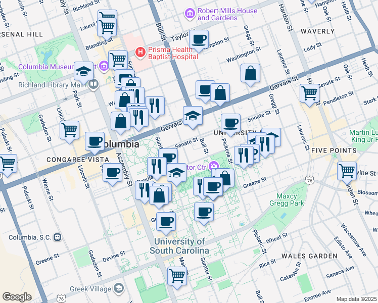 map of restaurants, bars, coffee shops, grocery stores, and more near 1408 Senate Street in Columbia