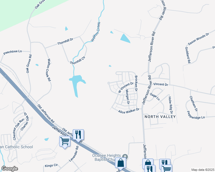 map of restaurants, bars, coffee shops, grocery stores, and more near 489 O'Conner Boulevard in Athens