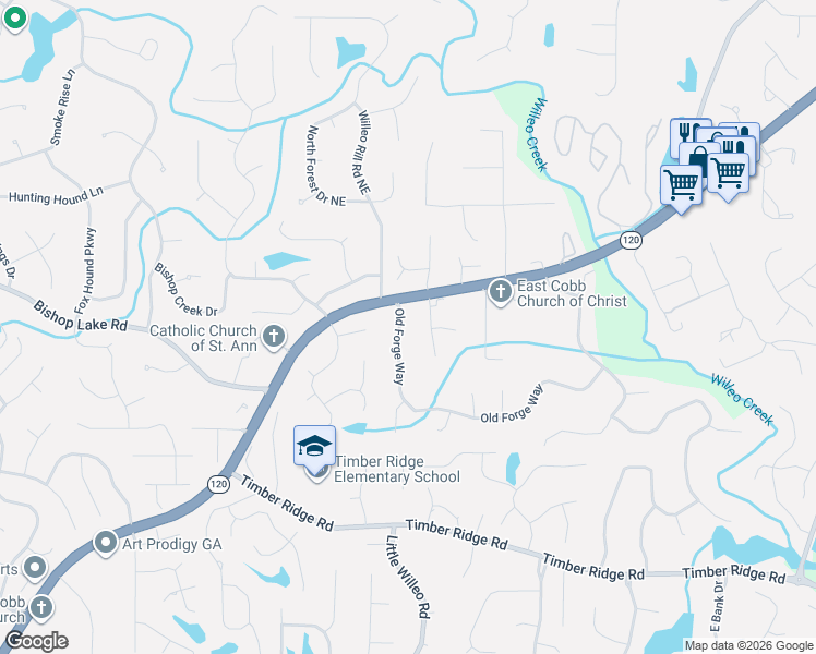 map of restaurants, bars, coffee shops, grocery stores, and more near 2110 Old Forge Way in Marietta