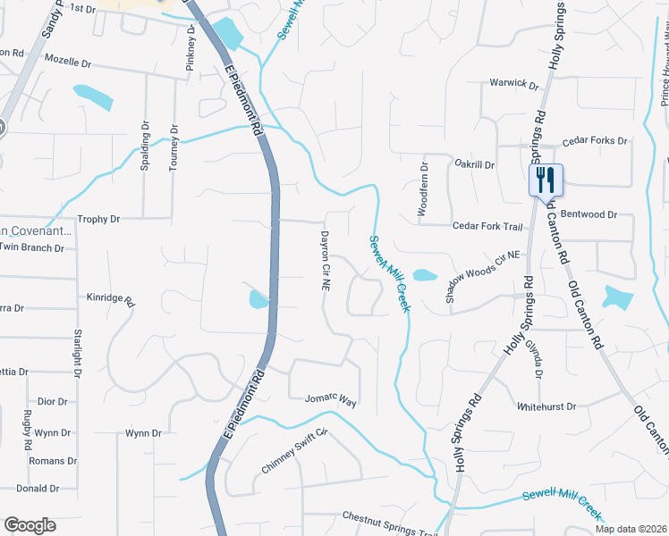 map of restaurants, bars, coffee shops, grocery stores, and more near 1890 Dayron Trace in Marietta