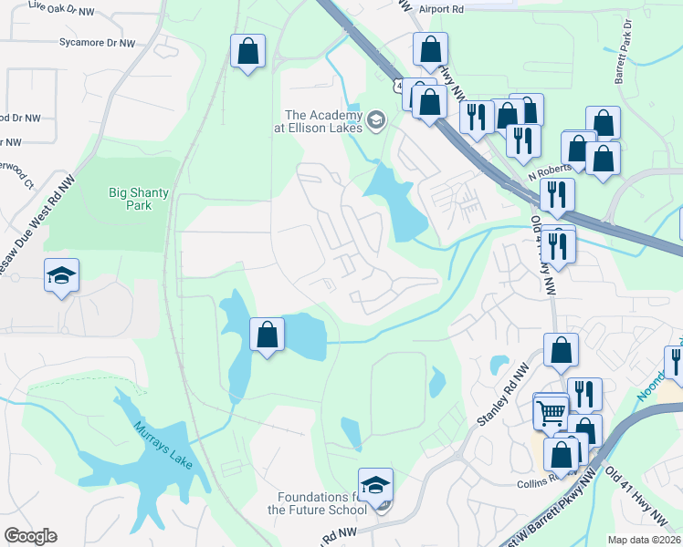 map of restaurants, bars, coffee shops, grocery stores, and more near 2170 Del Lago Circle in Kennesaw