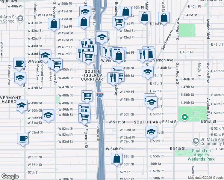 map of restaurants, bars, coffee shops, grocery stores, and more near 323 West 47th Place in Los Angeles