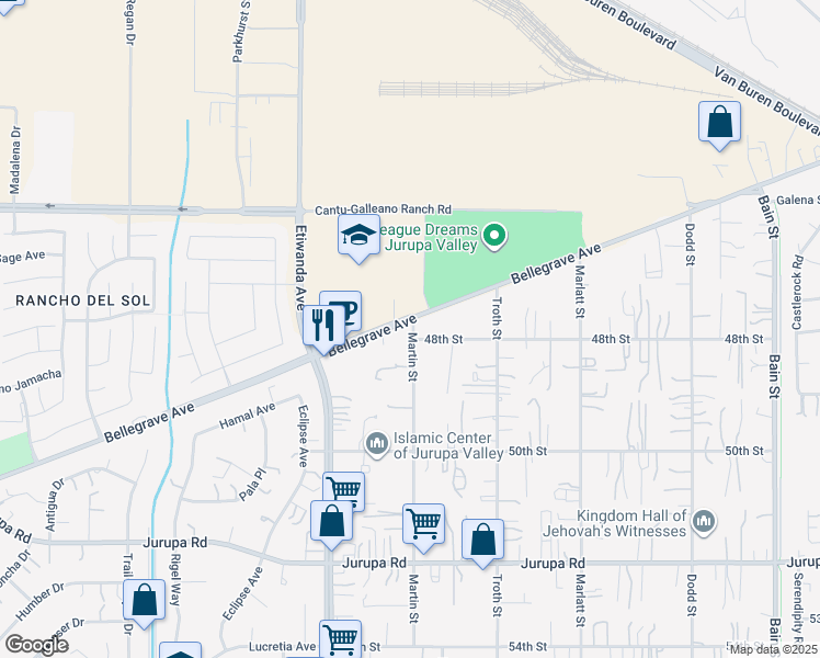 map of restaurants, bars, coffee shops, grocery stores, and more near 10812 Bellegrave Avenue in Jurupa Valley
