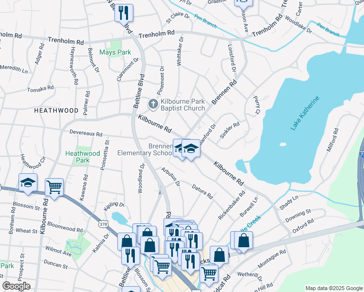 map of restaurants, bars, coffee shops, grocery stores, and more near 1112 Brennen Road in Columbia