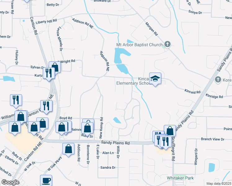 map of restaurants, bars, coffee shops, grocery stores, and more near 1206 Kincaid Road in Marietta