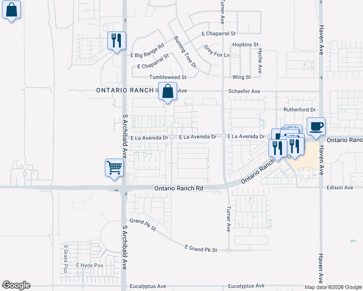 map of restaurants, bars, coffee shops, grocery stores, and more near 2932 East La Avenida Drive in Ontario
