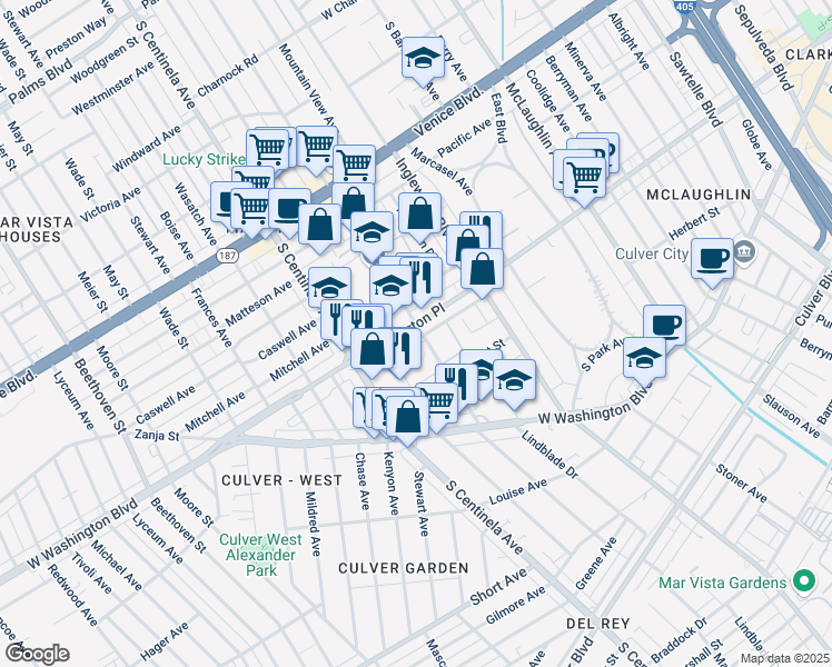 map of restaurants, bars, coffee shops, grocery stores, and more near 4017 Grand View Boulevard in Los Angeles