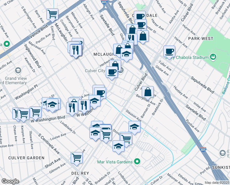 map of restaurants, bars, coffee shops, grocery stores, and more near 4320 Coolidge Ave in Los Angeles