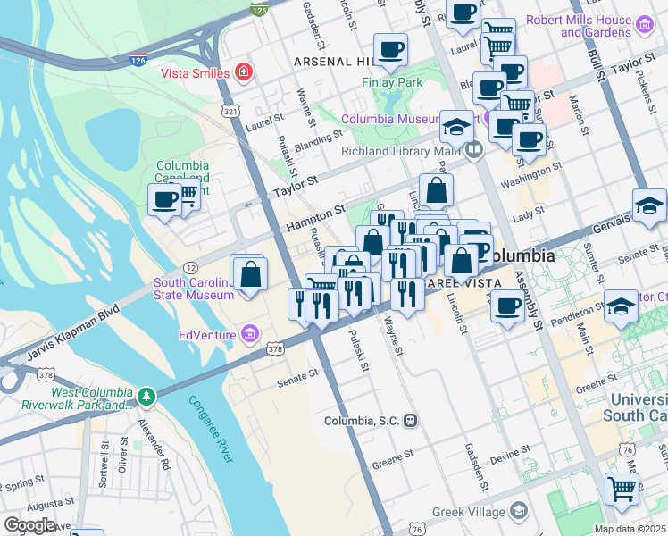 map of restaurants, bars, coffee shops, grocery stores, and more near 1316 Pulaski Street in Columbia