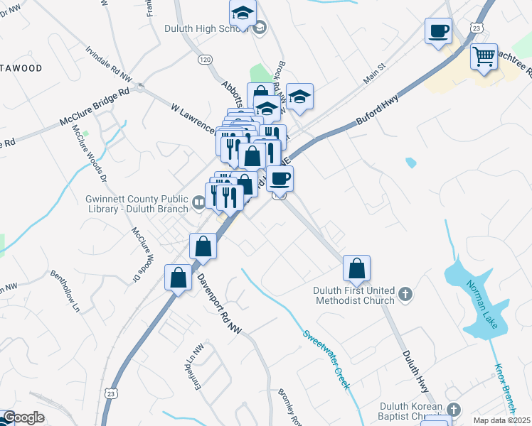 map of restaurants, bars, coffee shops, grocery stores, and more near 309 Buford Highway in Duluth