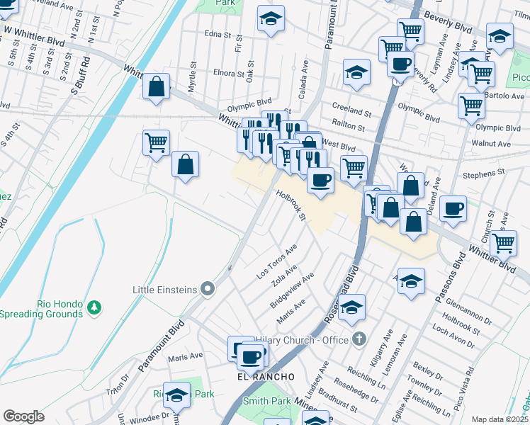 map of restaurants, bars, coffee shops, grocery stores, and more near 5214 Paramount Boulevard in Pico Rivera