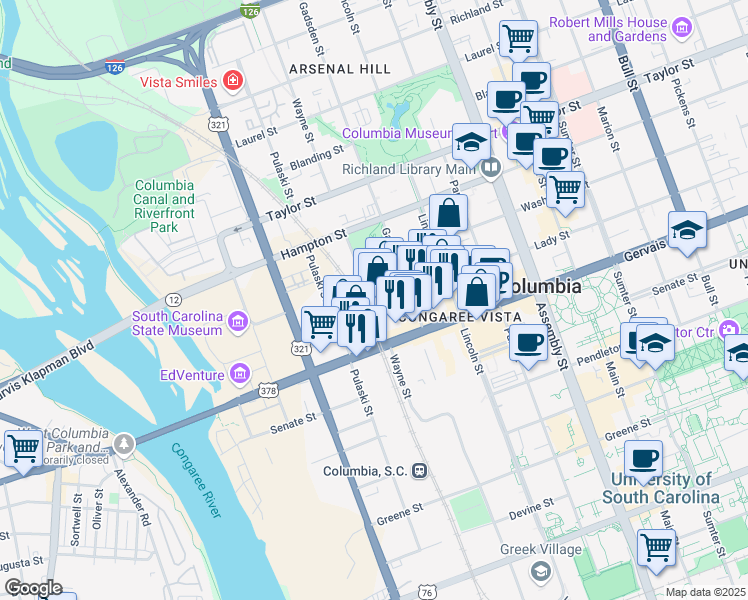 map of restaurants, bars, coffee shops, grocery stores, and more near 701 Lady Street in Columbia