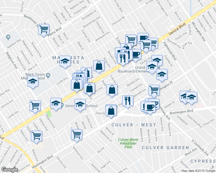 map of restaurants, bars, coffee shops, grocery stores, and more near 12634 Pacific Avenue in Los Angeles
